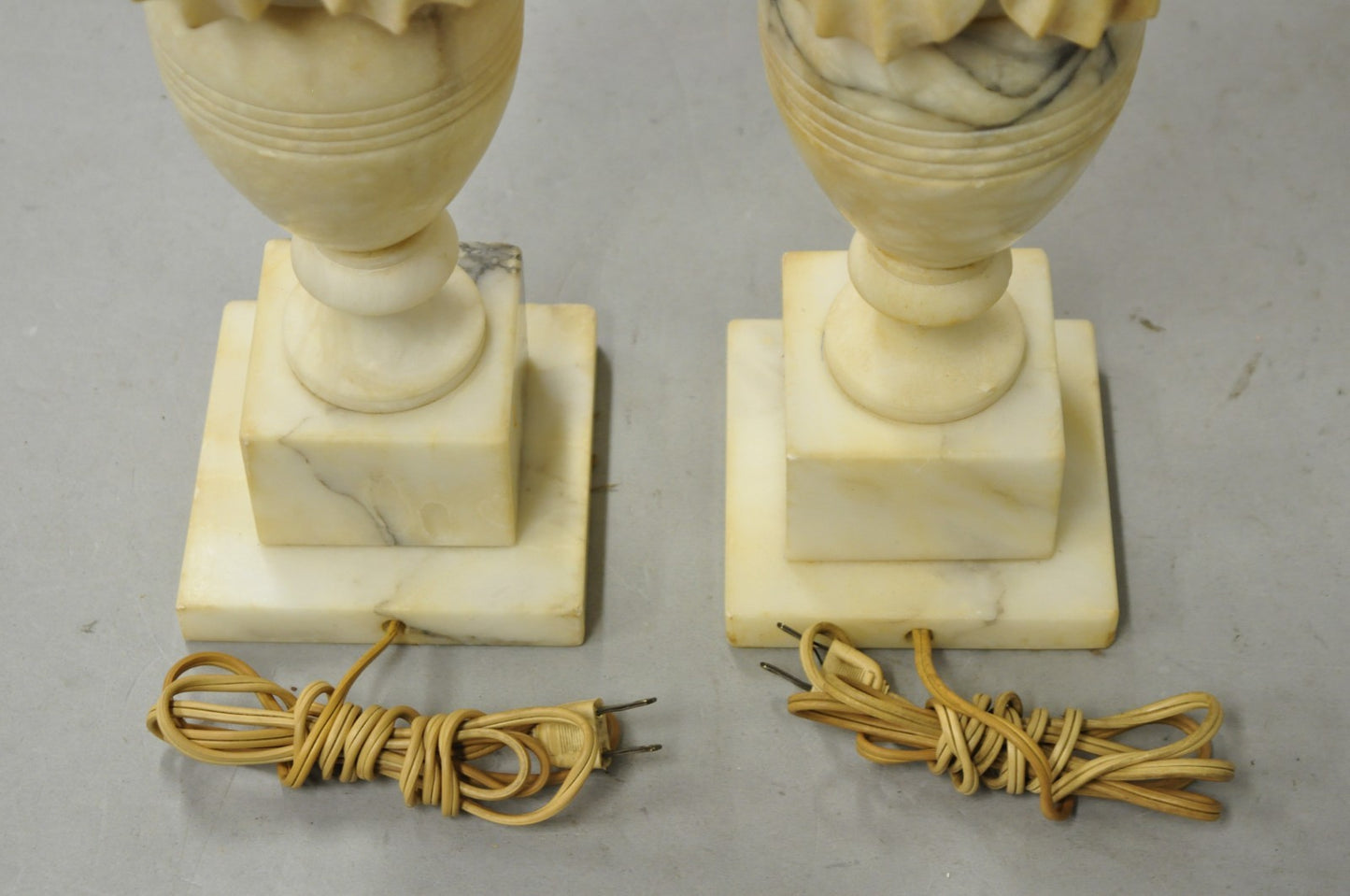 Antique Italian Neoclassical Style Carved Marble Shell Urn Table Lamps - a Pair