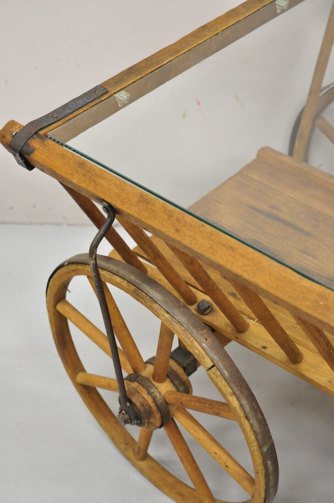 Antique French Primitive Wooden Goat Cart Wagon Farmhouse Glass Top Coffee Table