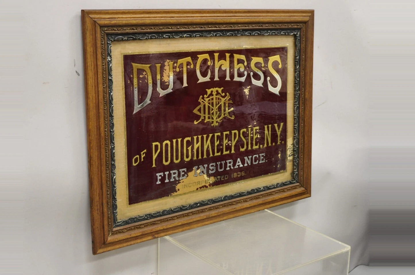 Antique Dutchess of Poughkeepsie NY Fire Insurance Reverse Painted Glass Sign