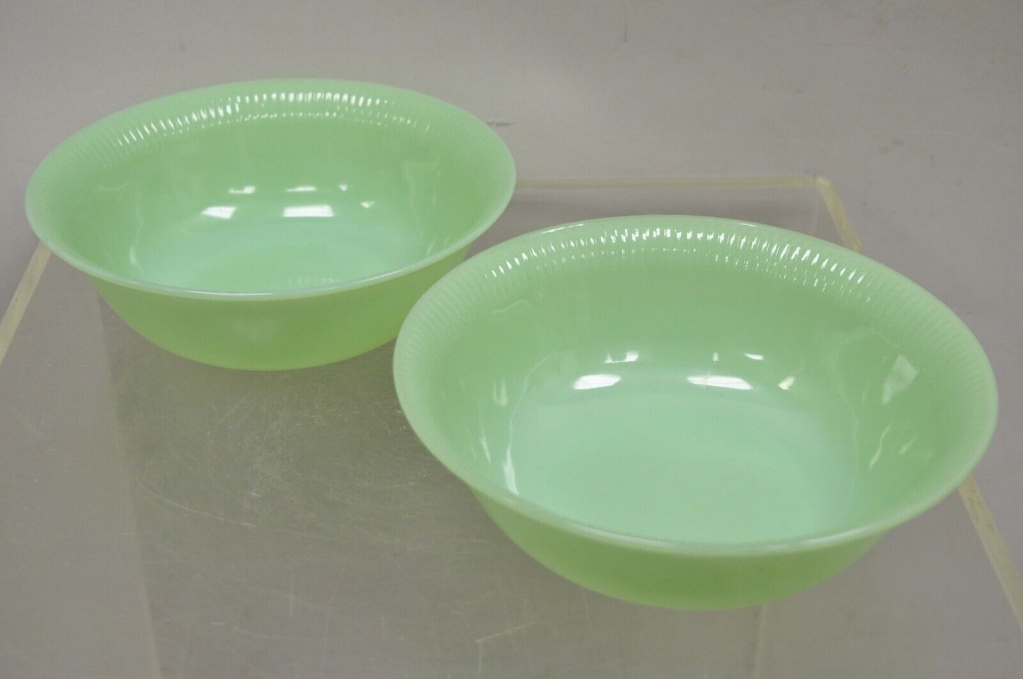 Vtg Fire King Oven Ware Green Jadeite Ribbed Jane Ray 8.25" Serving Bowl - 2 Pcs