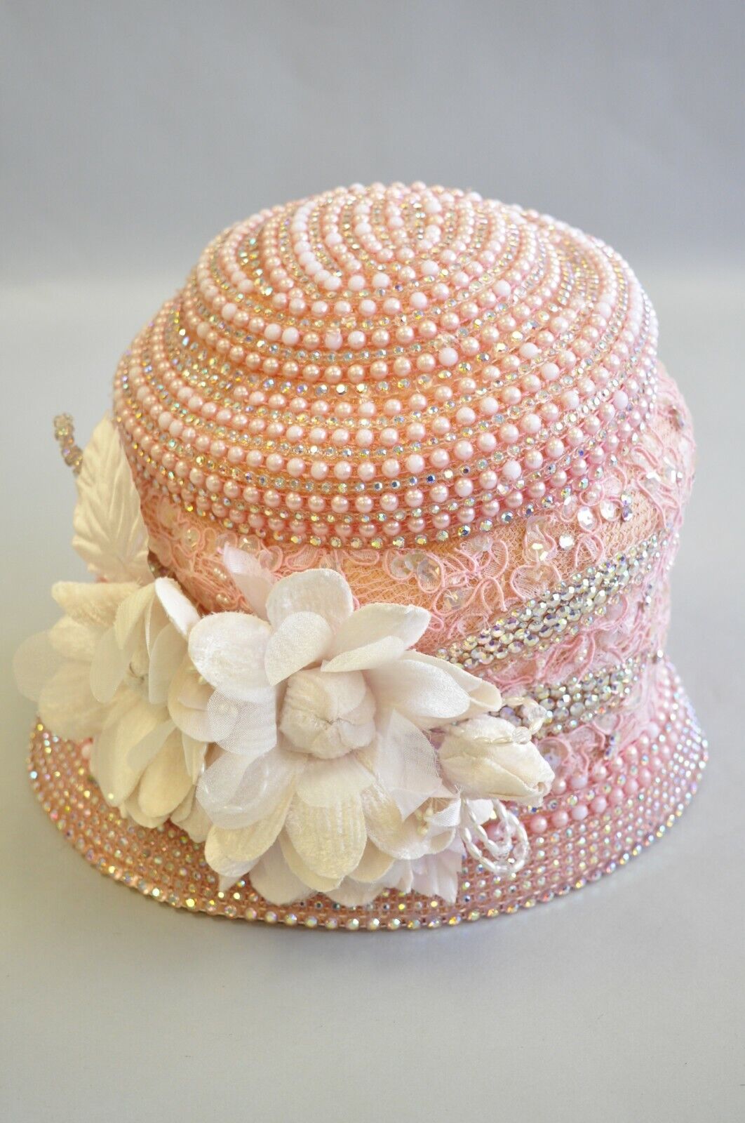 Shellie McDowell Pink Lace Iridescent Pearl Rhinestones Church Derby Crown Hat