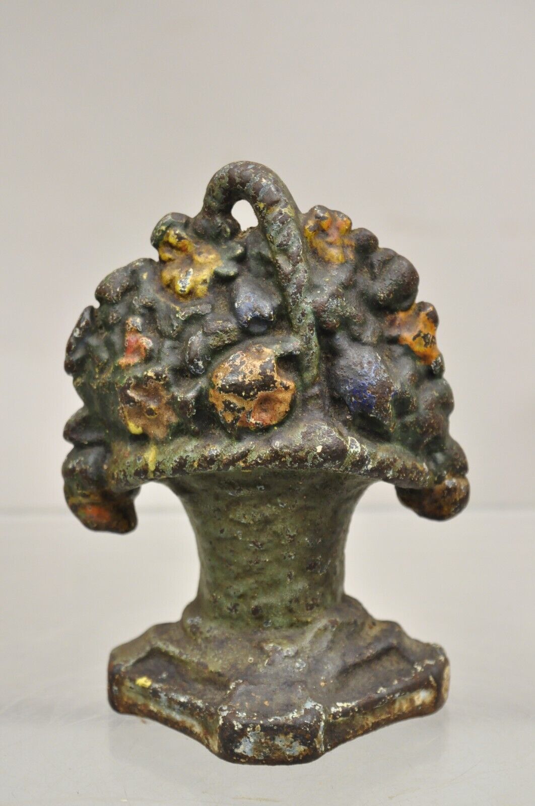 Antique Victorian Cast Iron Small Painted Orange Floral Bouquet Basket Door Stop