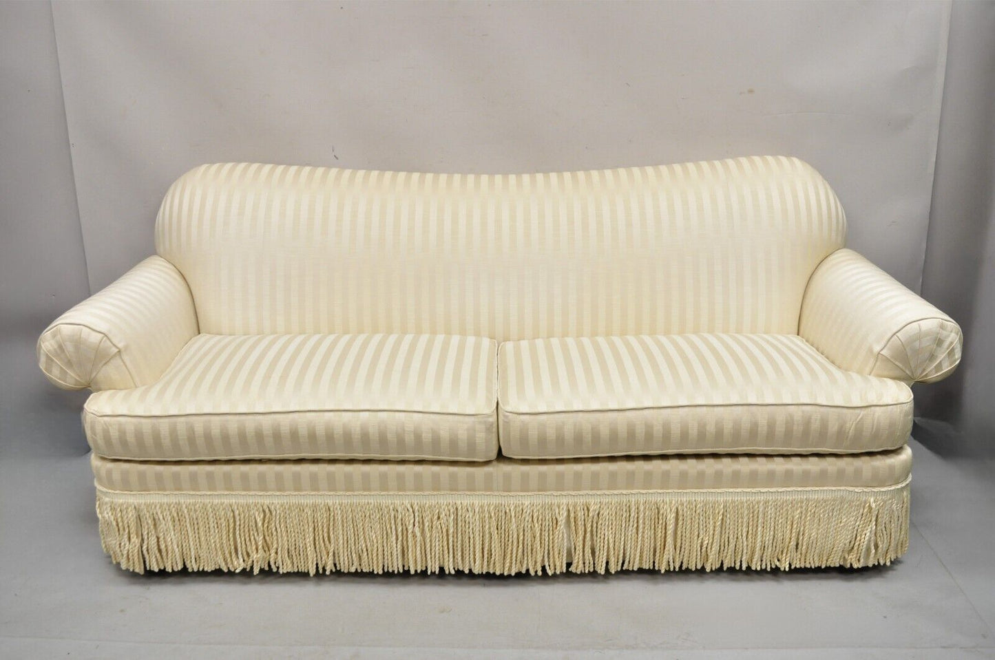 Ethan Allen Contemporary Rolled Arm Gold Striped Upholstered Sofa with Skirt