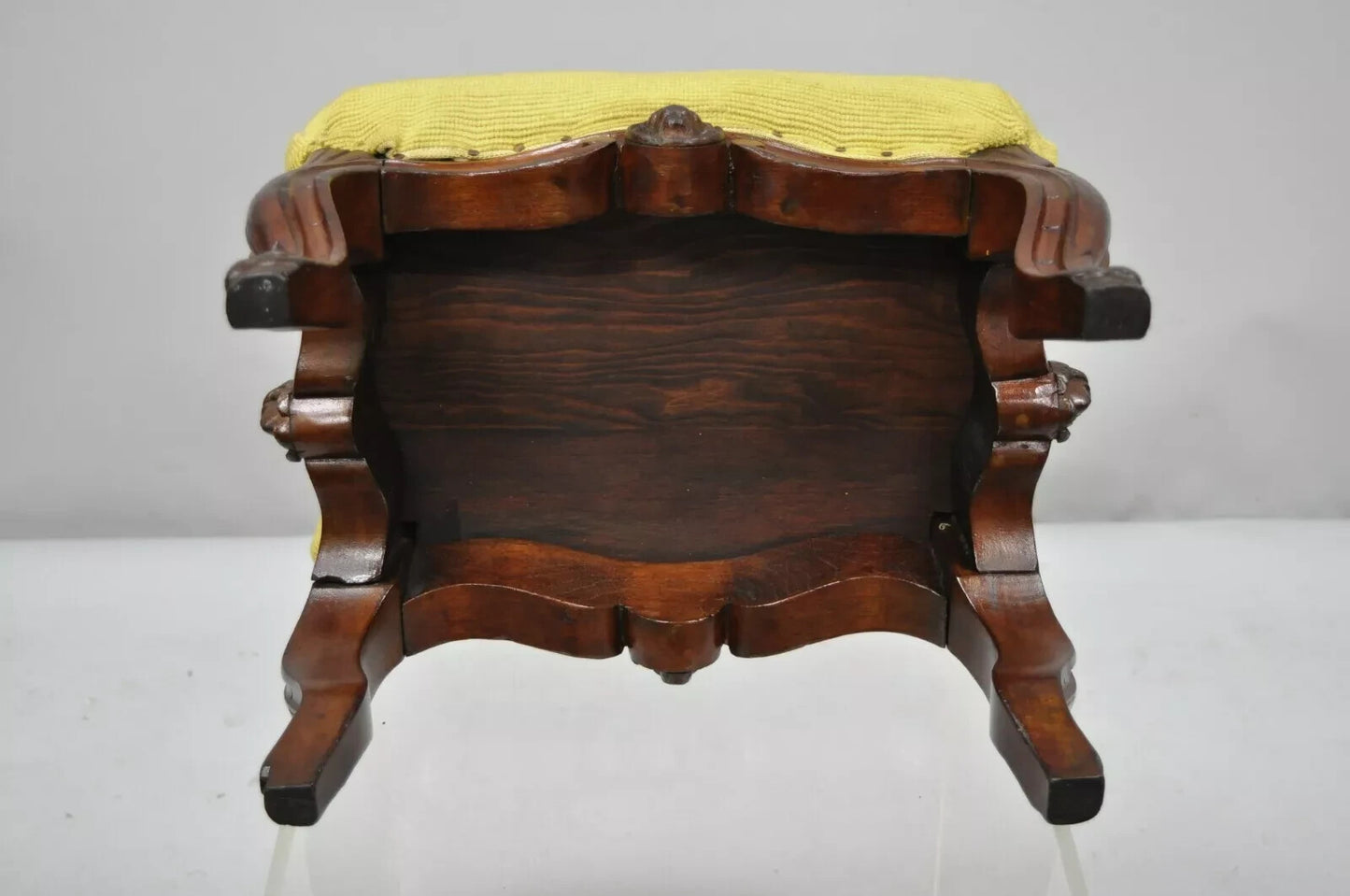 Antique Victorian Walnut Figural Lion Female Face Needlepoint Footstool Ottoman