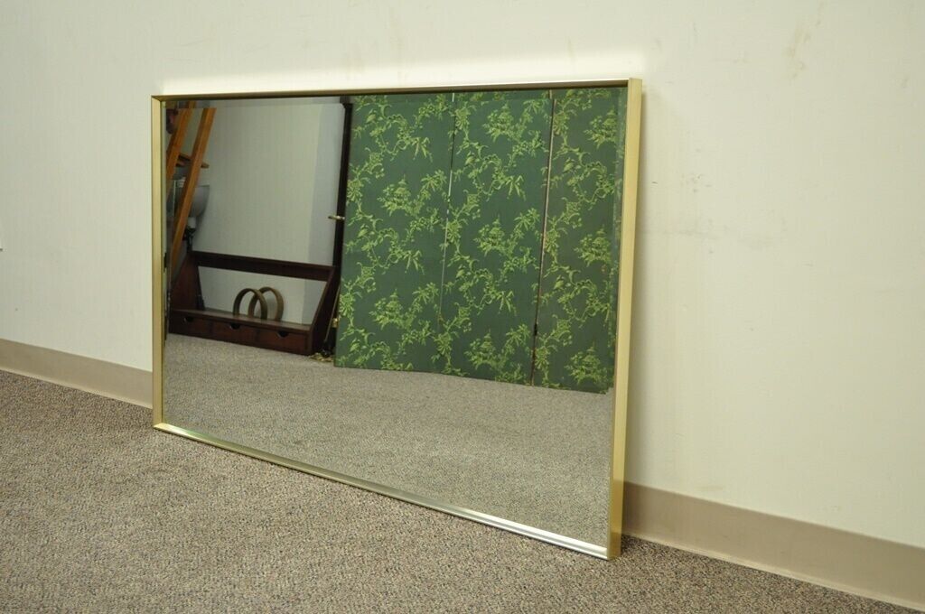 Mid Century Modern Minimalist Brass Tone Beveled Glass Mirror Paul McCobb Style