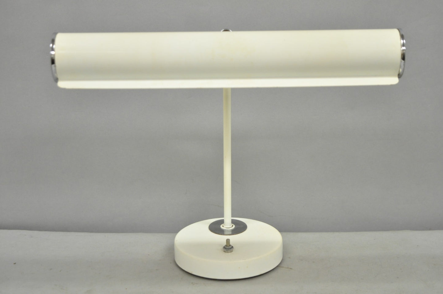 Vintage Mid Century Modern White Enamel Metal Arch Desk Lamp w/ Chrome Accents