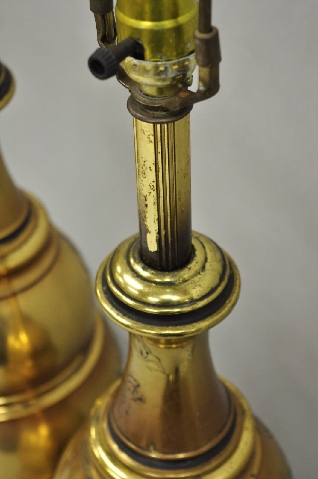 Vintage Chinoiserie Brass Stacked Beehive Table Lamps with Floral Etching - Pair