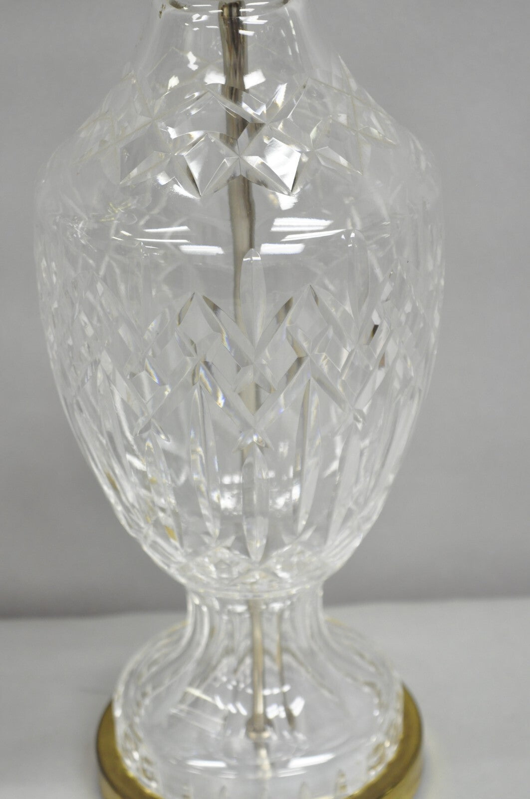 Vintage Waterford Cut Crystal Leaded Glass Urn Form Brass Table Lamps - a Pair