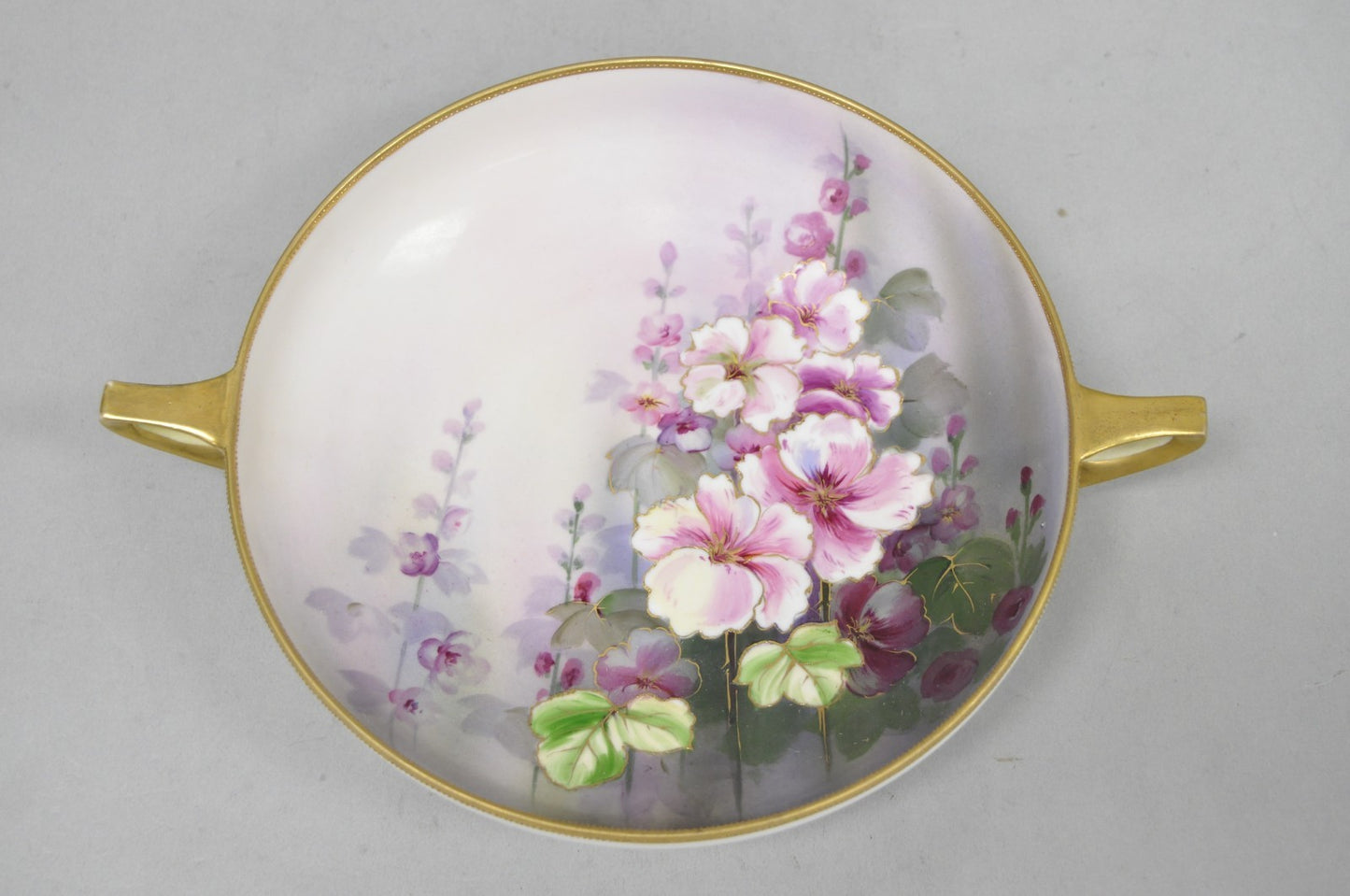 Antique Nippon Hand Painted Pink Wisteria Flower Porcelain Dish w / Handles