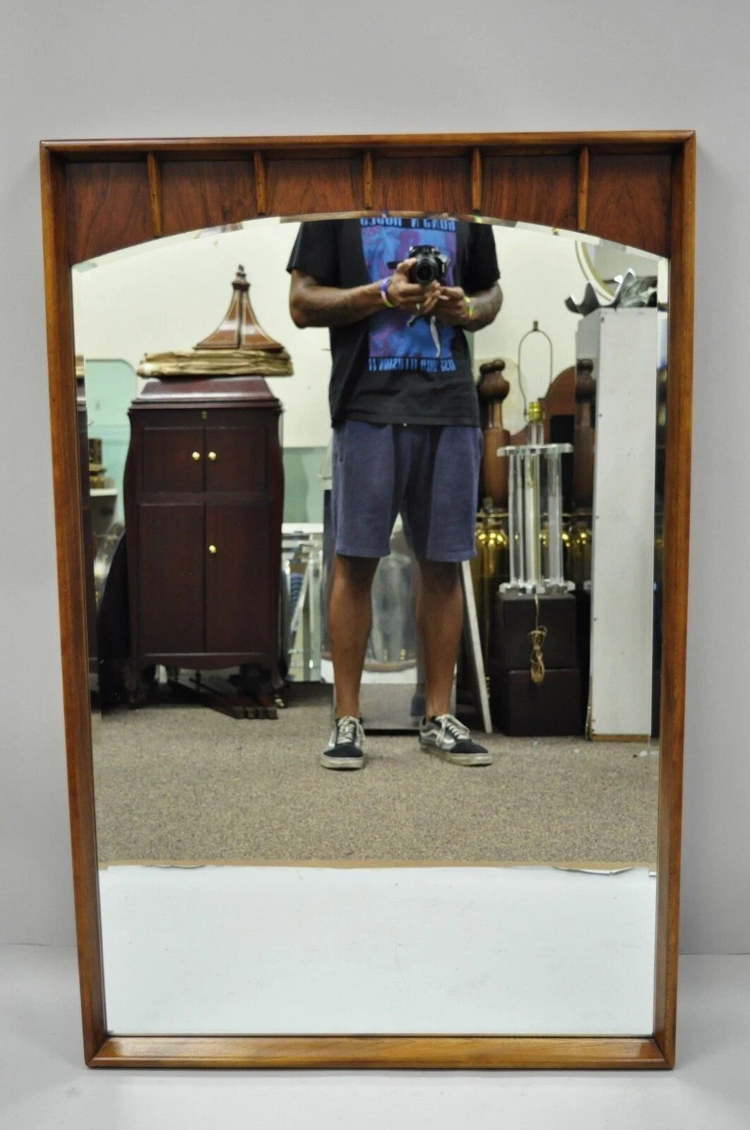 Vintage Mid Century Modern Sculpted Walnut & Rosewood Beveled Glass Wall Mirror