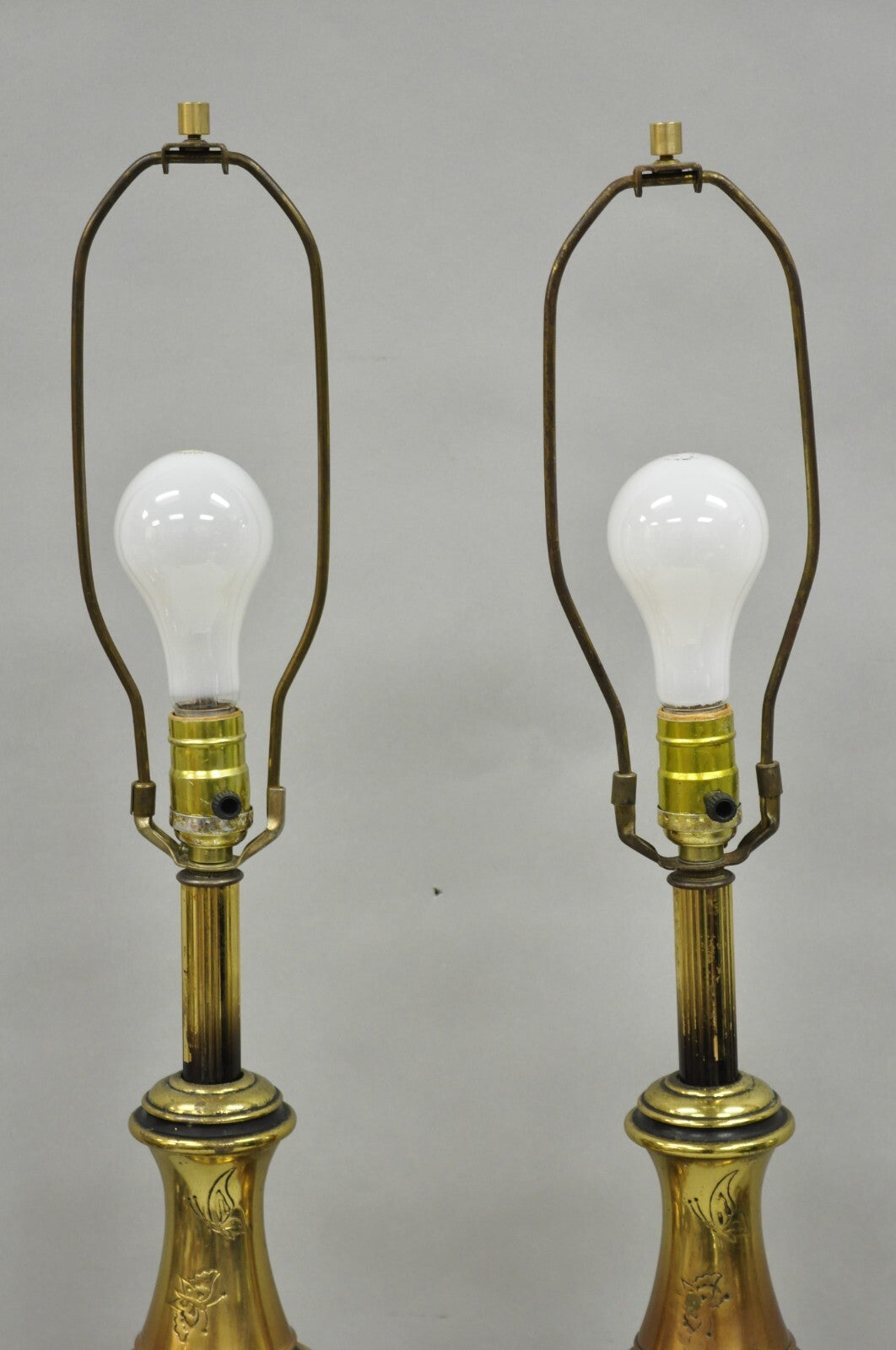Vintage Chinoiserie Brass Stacked Beehive Table Lamps with Floral Etching - Pair