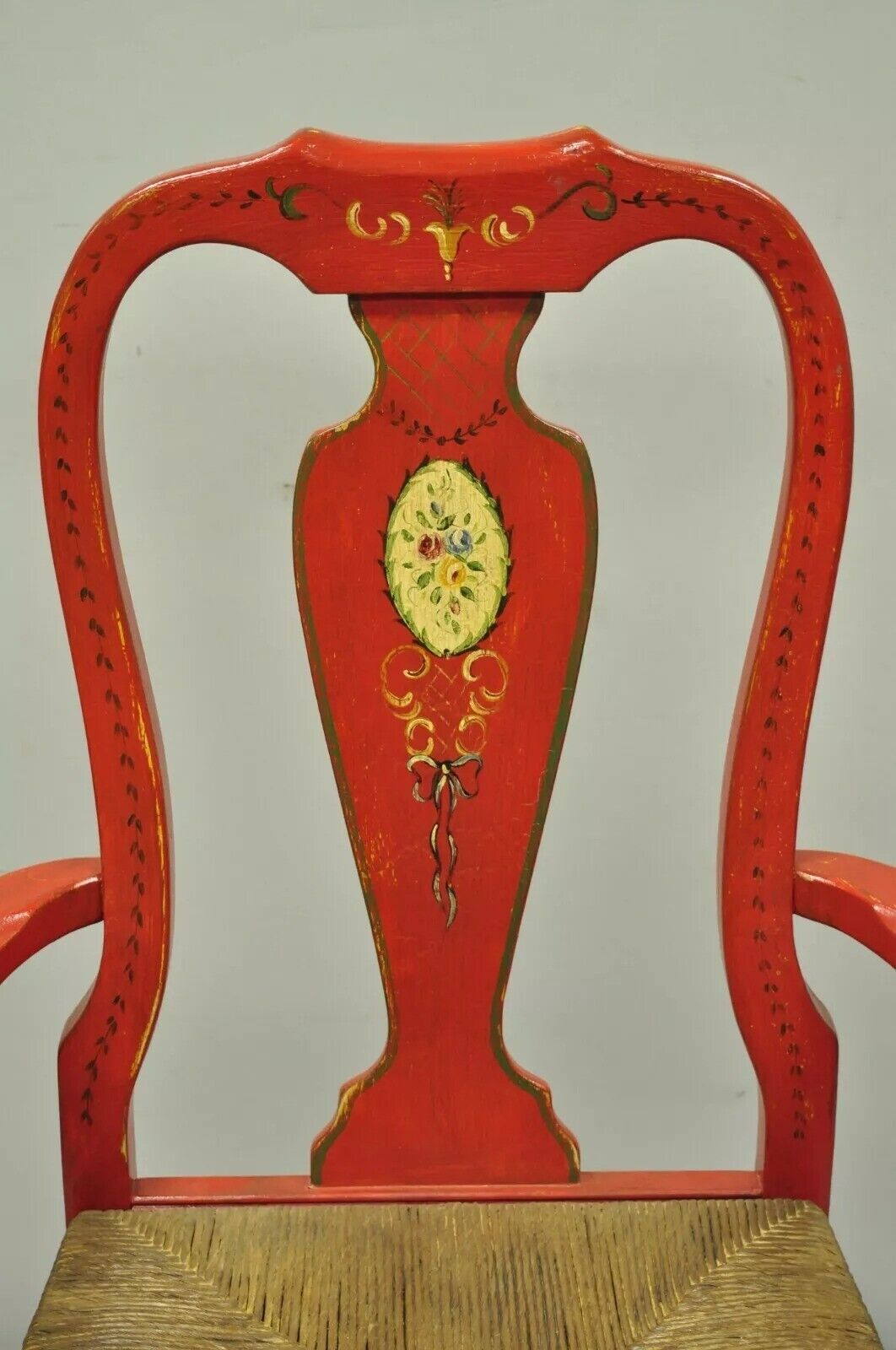 Vintage Queen Anne Style Green and Red Painted Rush Seat Arm Chairs - a Pair