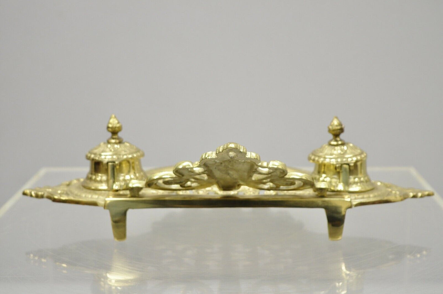 Vintage Brass Lion Head Italian Victorian Empire Double Pen Inkwell