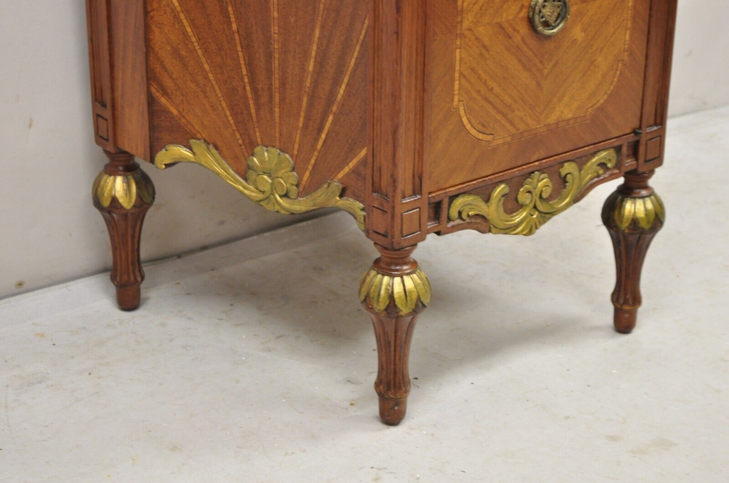 French Louis XVI Style Marble Top Satinwood Inlay Mahogany Nightstands - a Pair