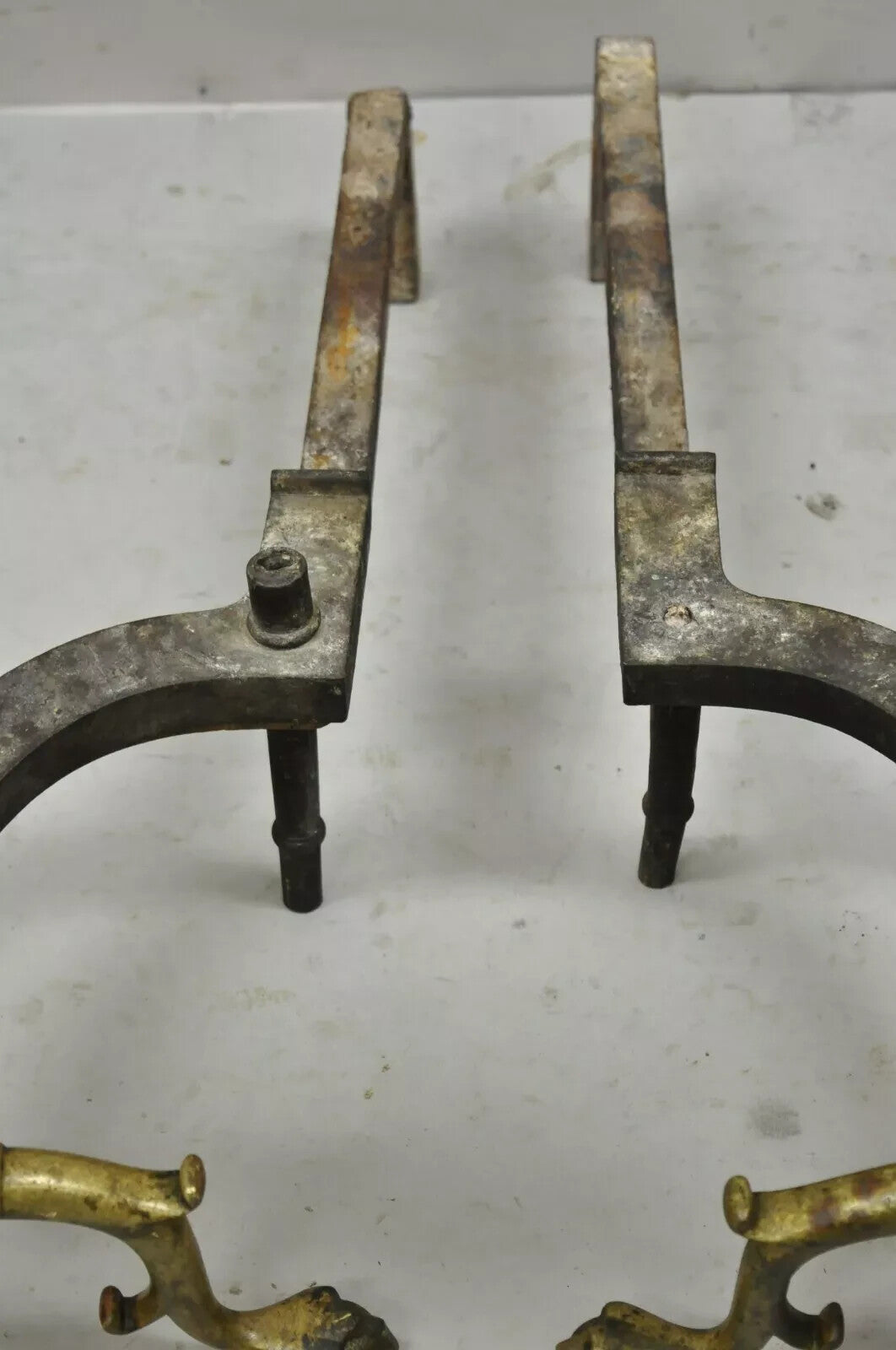 Antique Federal Faceted Brass Cannonball Branch Foot Cast Iron Andirons - a Pair