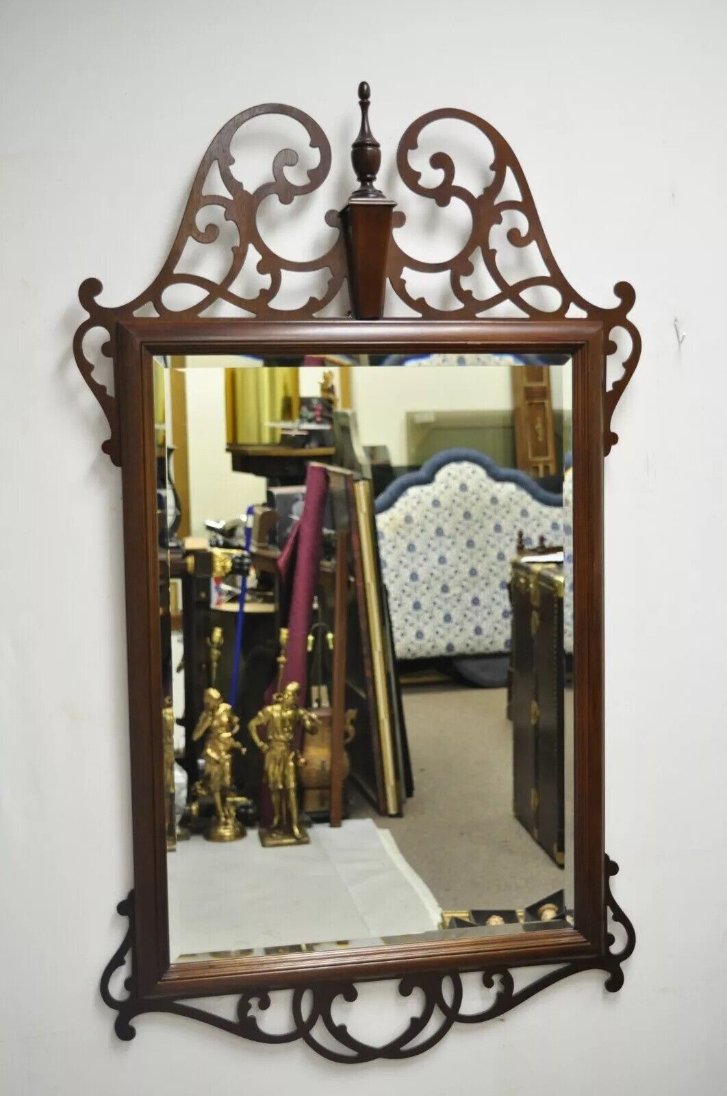 Vintage American Federal Mahogany Beveled Glass Broken Arch Fretwork Wall Mirror