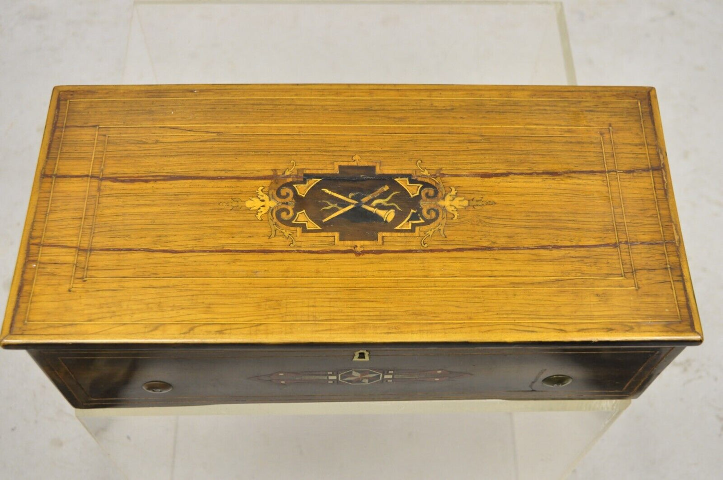 19th C. Antique Swiss Cylinder Roll Music Box 6 Tune Airs with Inlaid Case