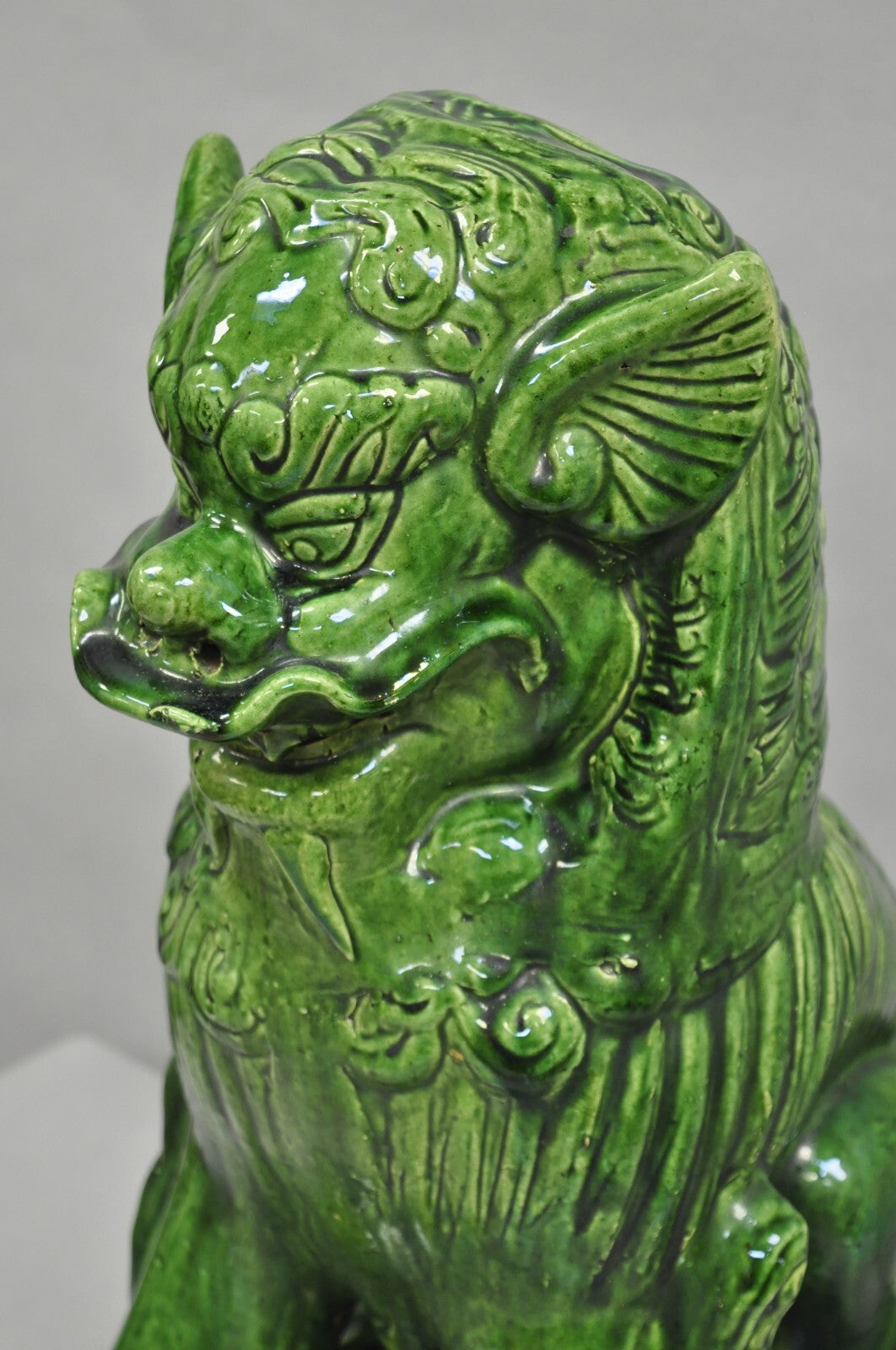 Vintage Chinoiserie Green Majolica Glazed Ceramic 24" Chinese Foo Dog Statue