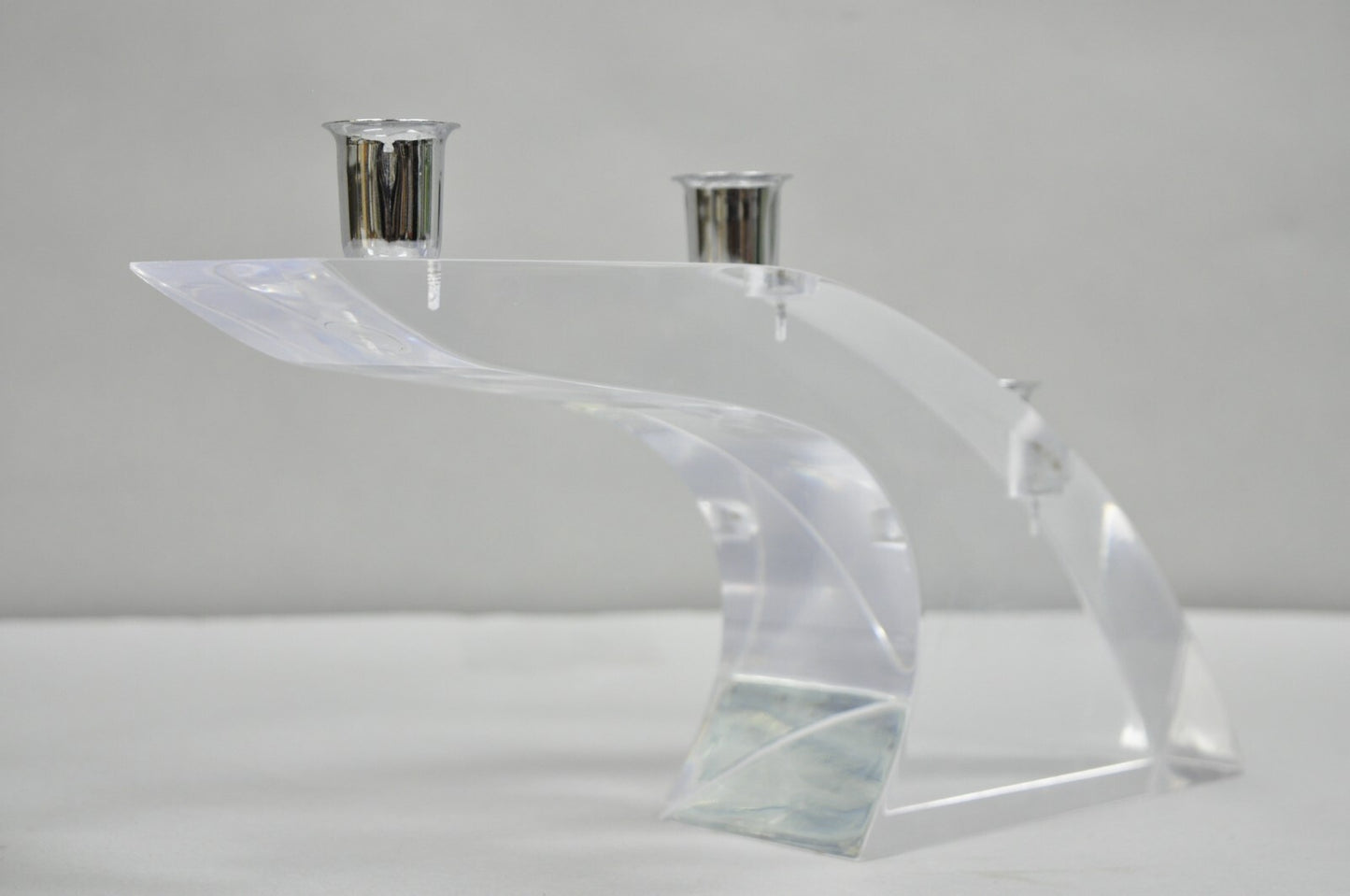 Vintage Mid Century Modern Lucite Chrome Sculptural Arched Candlestick Holder