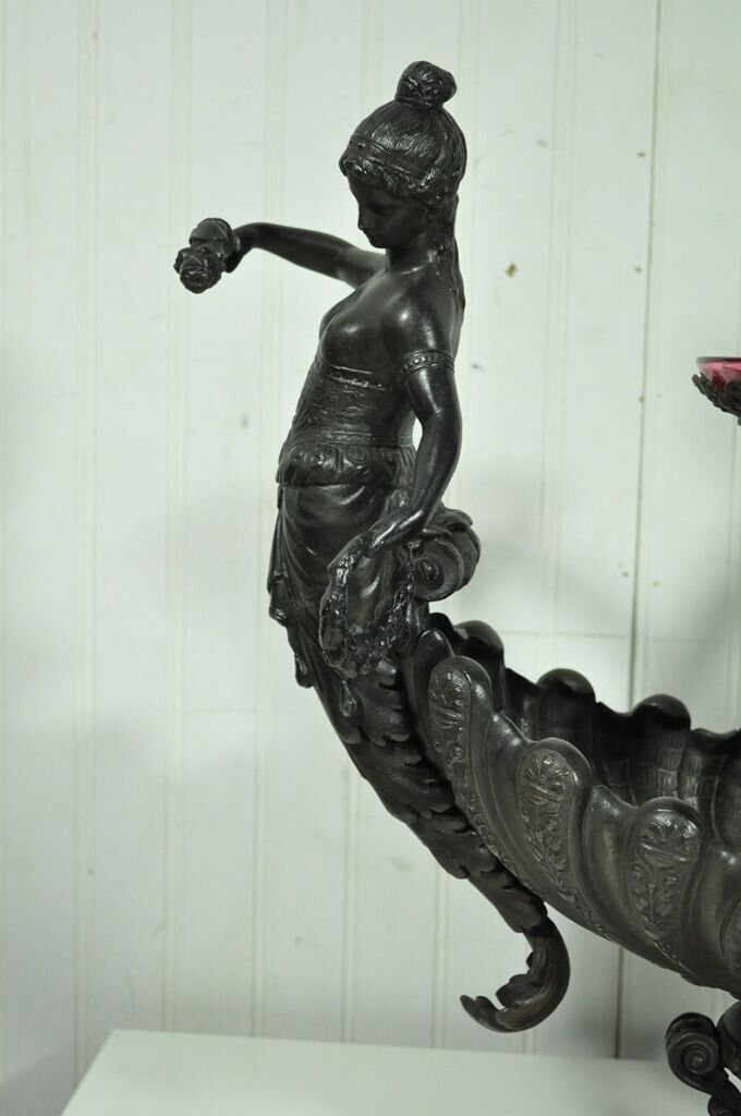 Antique Victorian Spelter & Marble Figural Mermaid Centerpiece Bowl Vase Epergne