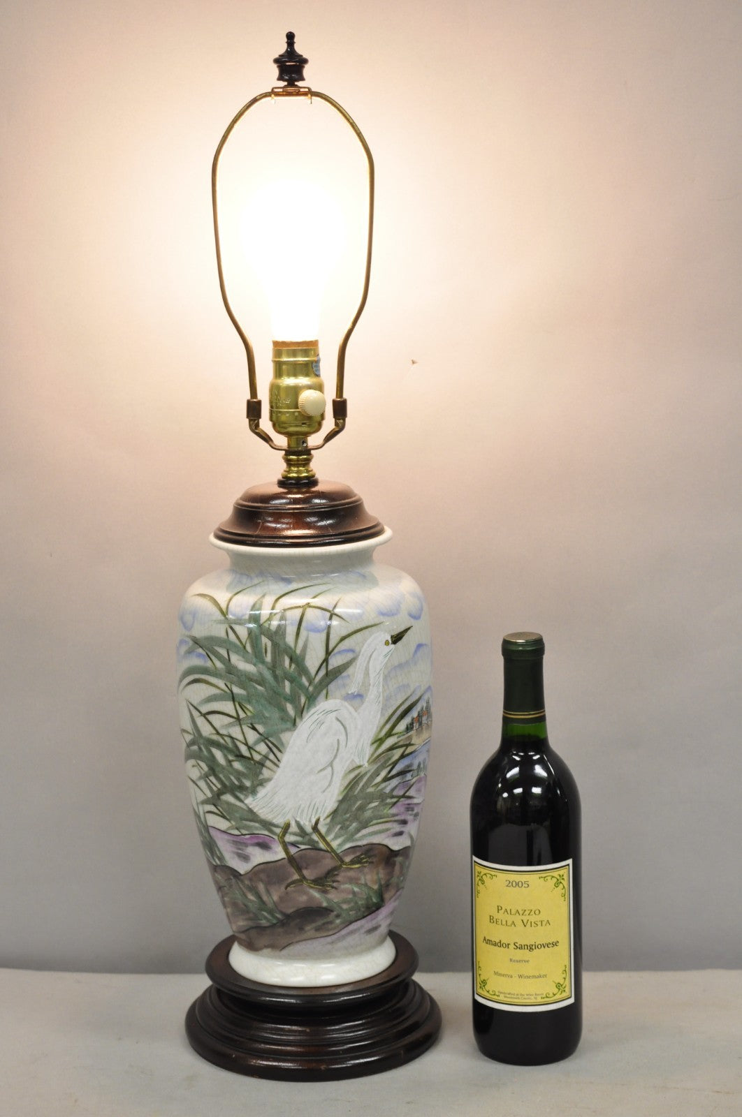 Vintage Chinoiserie Chinese Porcelain Jardiniere Table Lamp w Painted Crane Bird