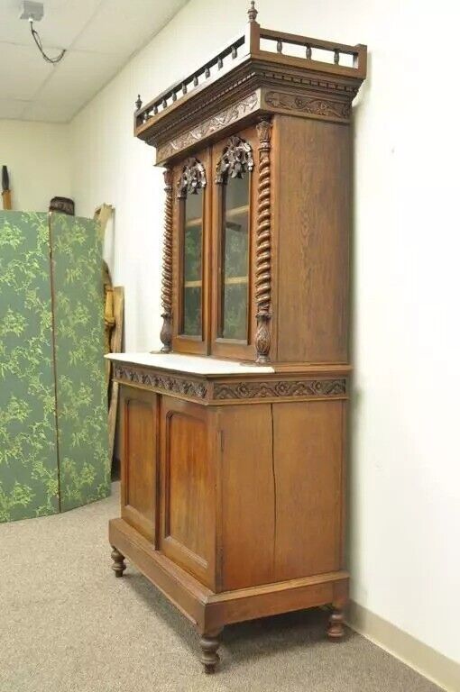 19th C. French Renaissance Carved Walnut Marble Top Bookcase Buffet Cabinet
