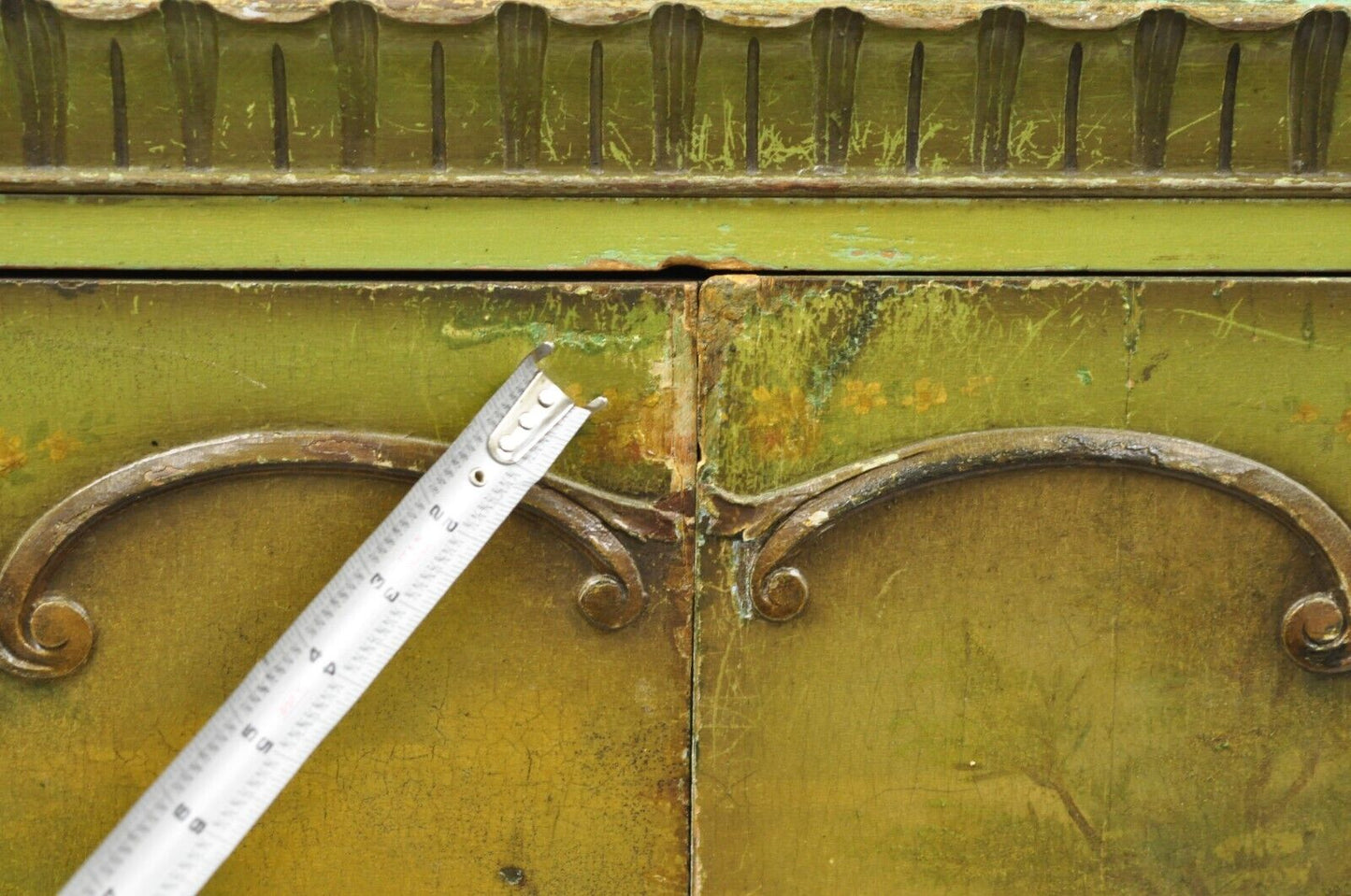 Antique French Renaissance Green Distress Painted Radio Cabinet Bar Cupboard