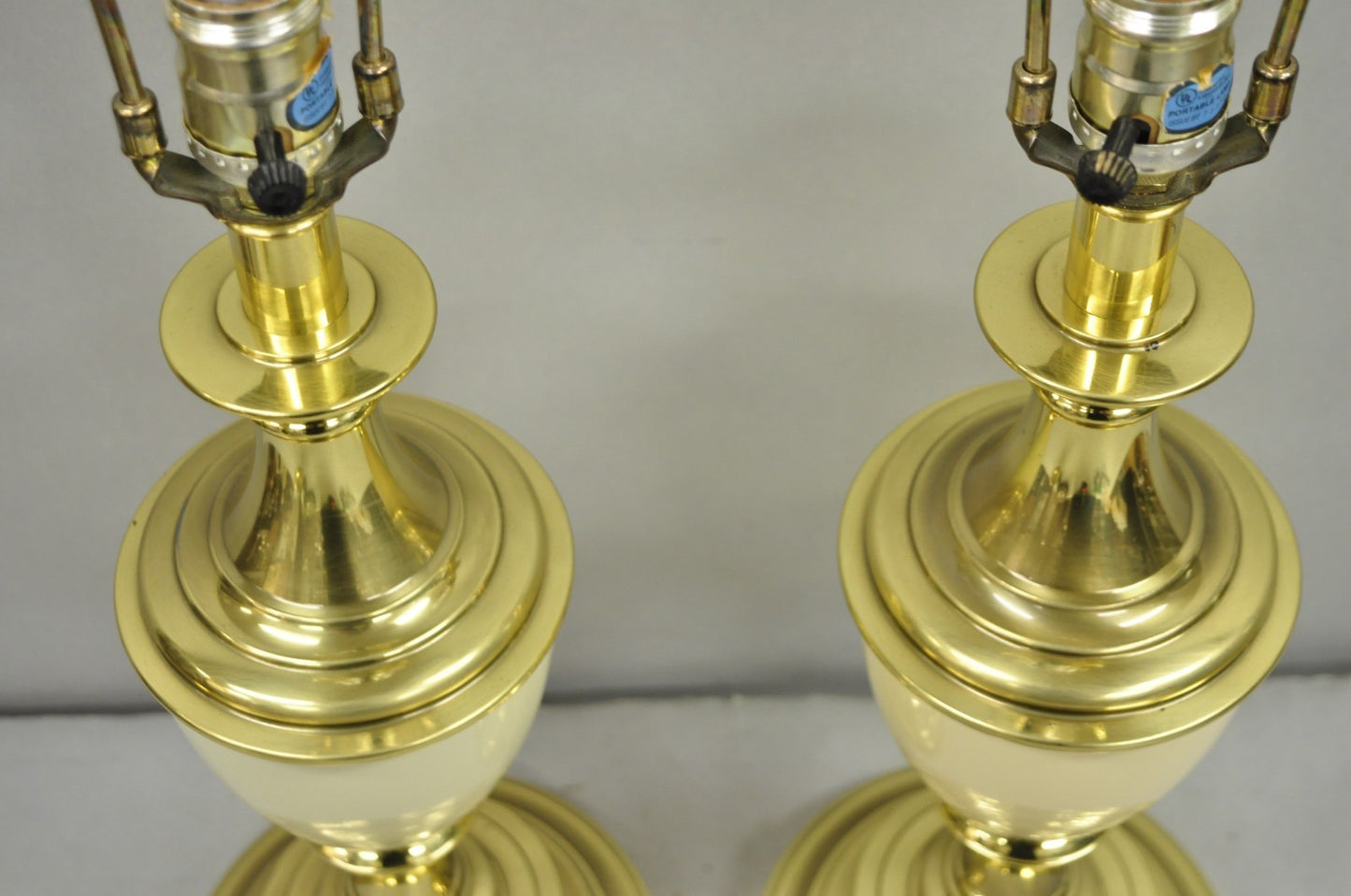 Vintage Stiffel Hollywood Regency Cream Enamel Brass Urn Table Lamps - a Pair