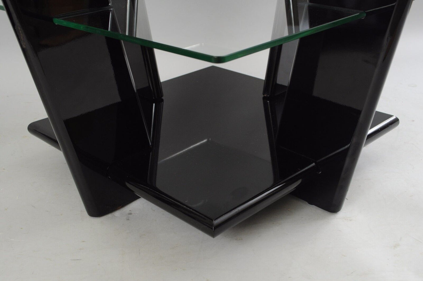 Pair of Contemporary Modern Black Lacquer & Glass 3 Tier End Tables Sculptural
