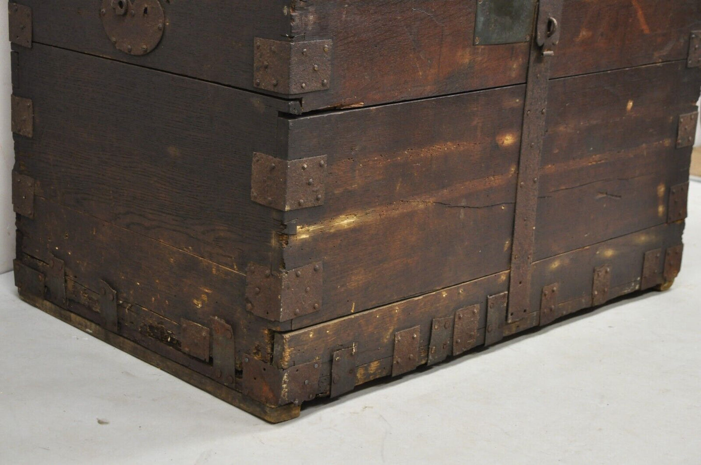 19th C. English Oak Wood and Steel Banded Safe Storage Cabinet Chest Trunk