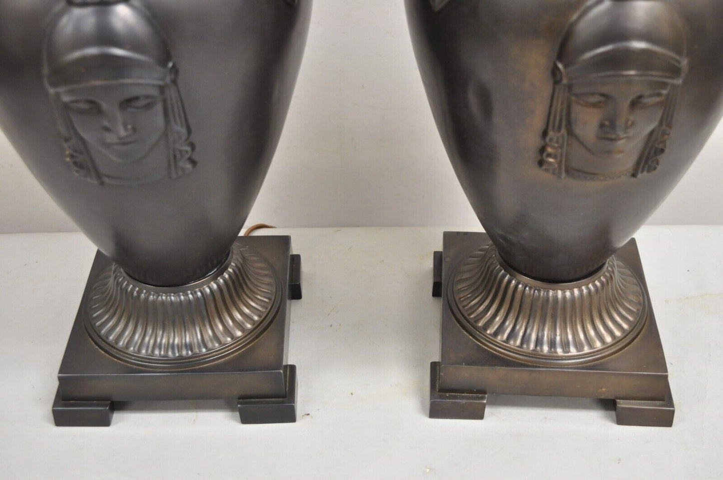 Greek Classical Style Urn Twin Handle Cast Metal Bronze Finish Table Lamp Pair