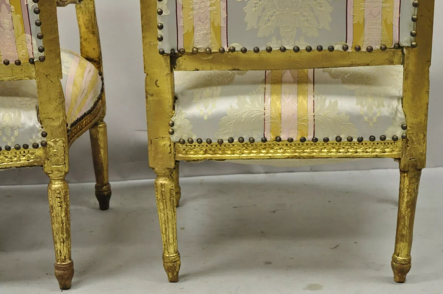 Vintage French Louis XVI Gold Giltwood Upholstered Lounge Chairs (B) - a Pair
