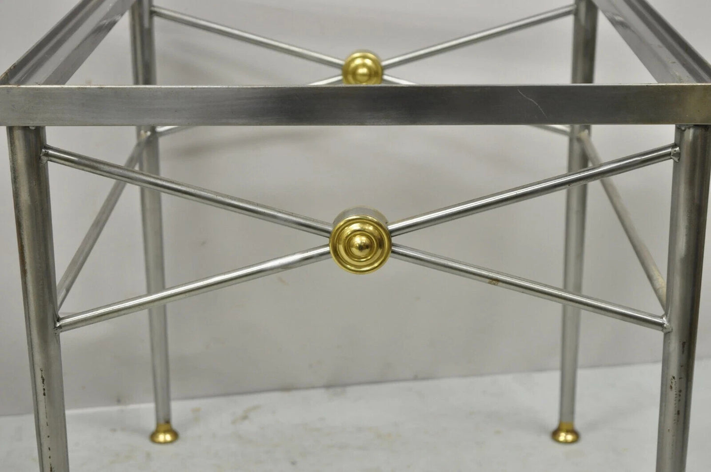 Italian Directoire Maison Jansen Style Brushed Steel & Brass End Tables - a Pair