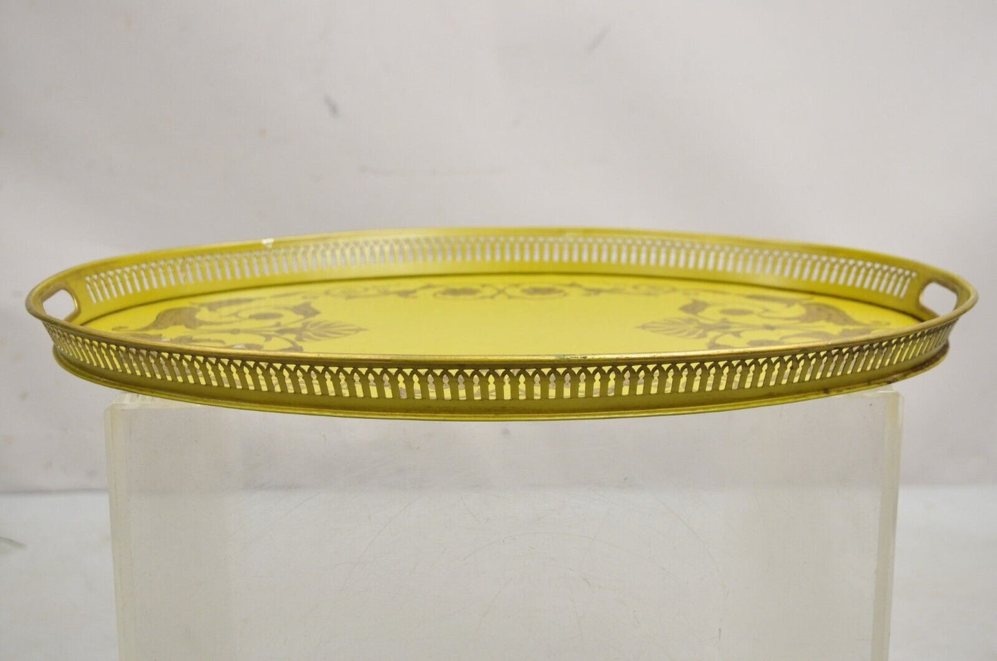Vintage French Regency Metal Toleware Yellow & Gold Oval Tray by Bloomingdale's