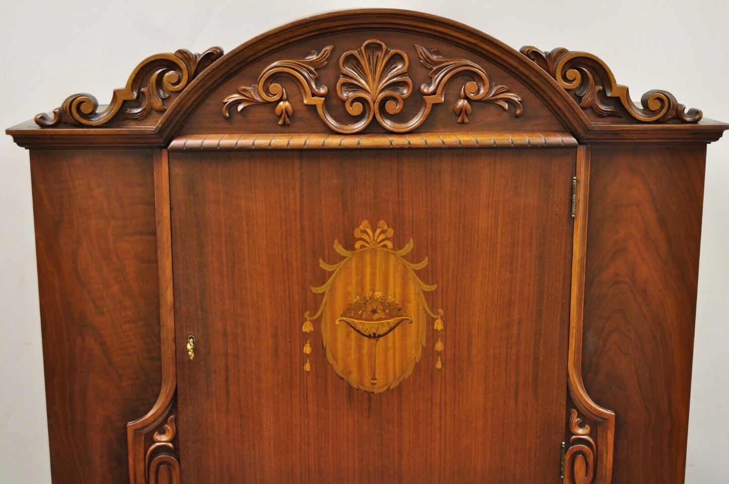 Antique French Renaissance Carved Walnut Floral Inlay Blind Door China Cabinet