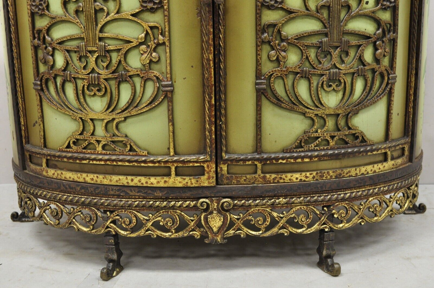 French Victorian Wrought Iron Oscar Bach Demilune Marble Top Console Cabinet