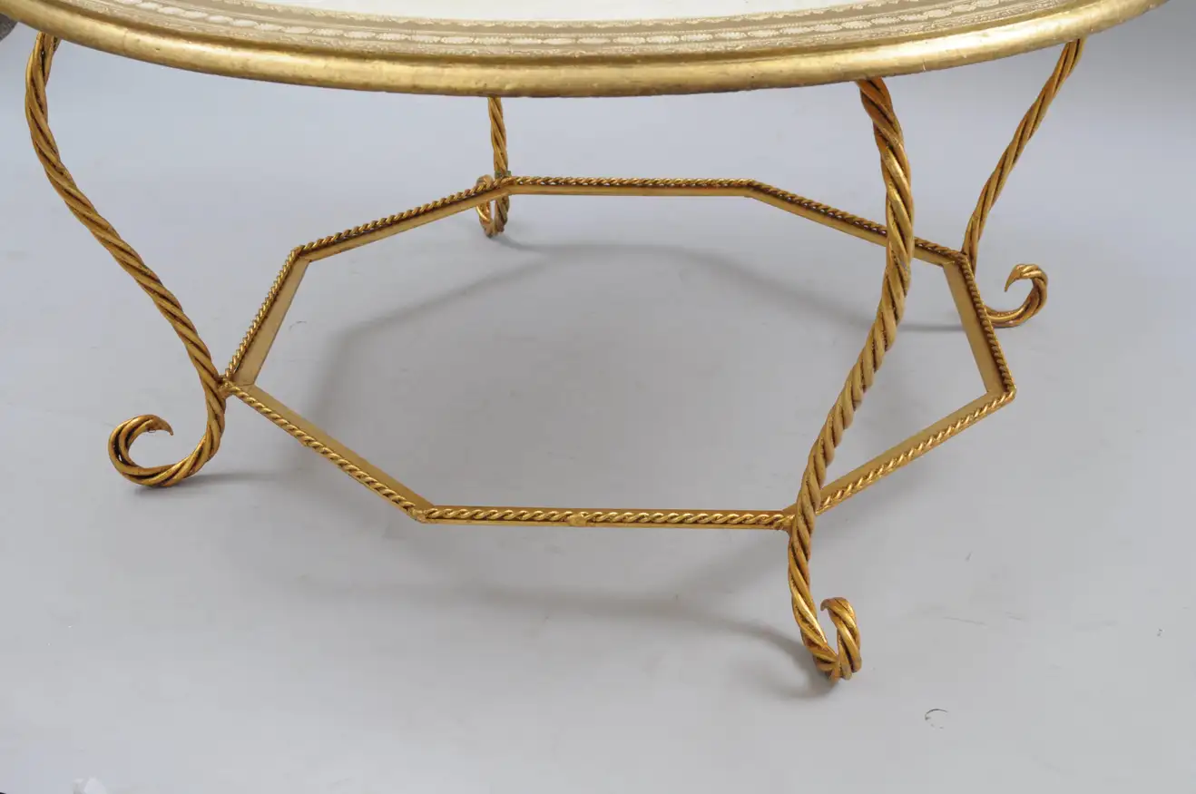 Italian Florentine Hollywood Regency Gold Wood & Iron Rope Round Coffee Table