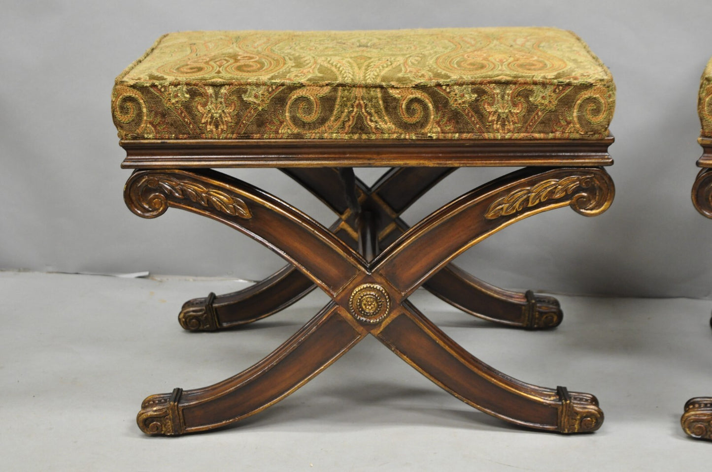 Ethan Allen Alexis X-Frame Regency Style Curule Footstool Stool Ottoman - a Pair