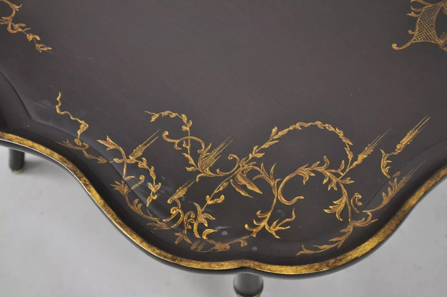 Chinoiserie Faux Bamboo Brown Lacquer Scallop Tray Top Coffee Cocktail Table