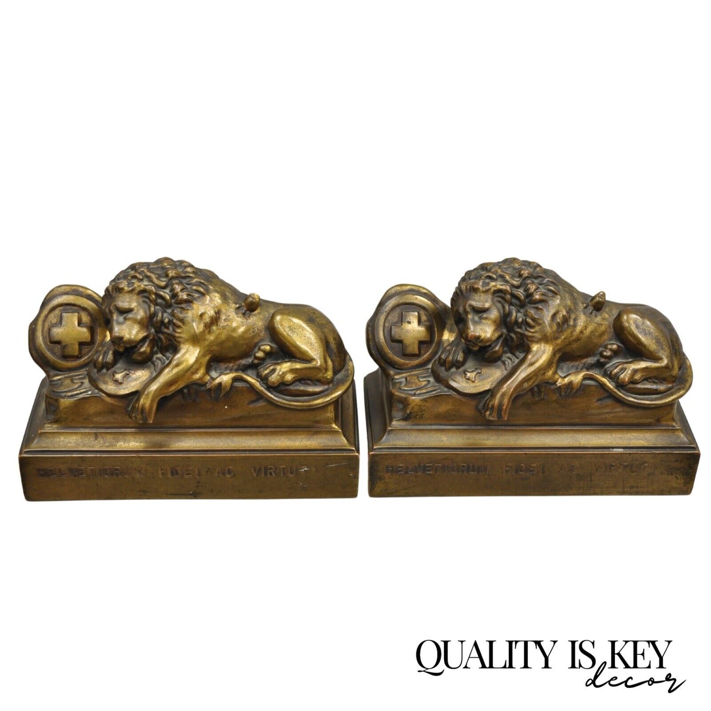 Antique Swiss Guard Bronze Lion Bookends Helvetiorum Fidei AC Virtuti "JB 1570"