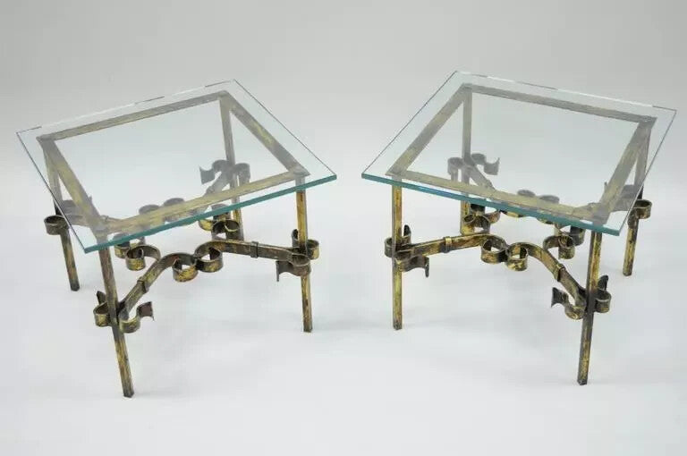 Vintage Spanish Hollywood Regency Gold Gilt Iron Square Glass End Tables - Pair
