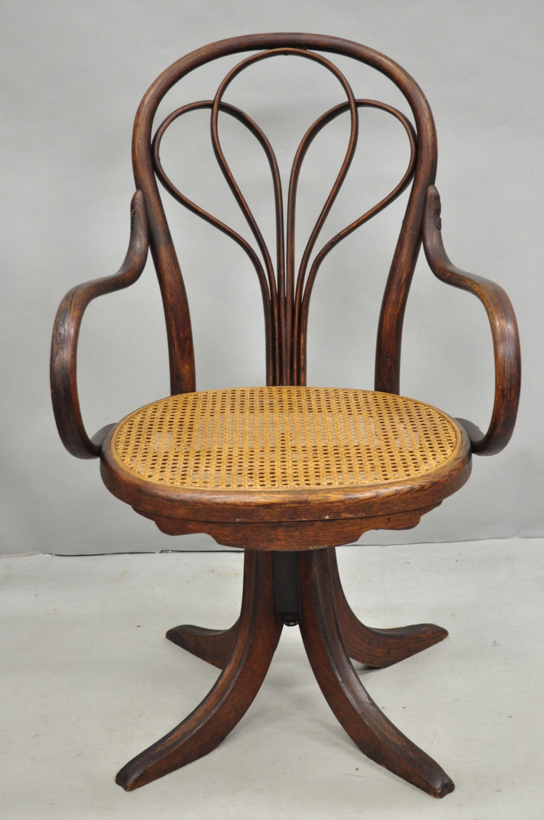 Antique Arts & Crafts Michael Thonet Oak Bentwood & Cane Swivel Captains Chair