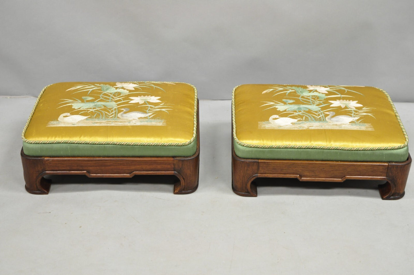 Vintage Chinoiserie Chinese Ming Style Low Footstool Ottoman w/ Silk - Pair