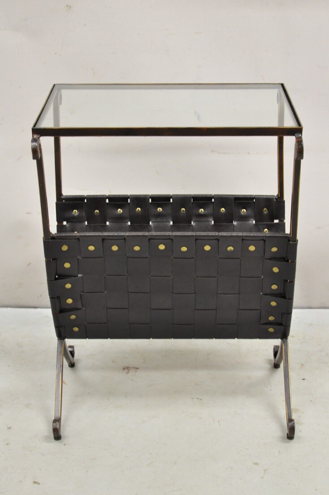 Decorator Modern Iron Leather Strap Magazine Rack Glass Top Side Table