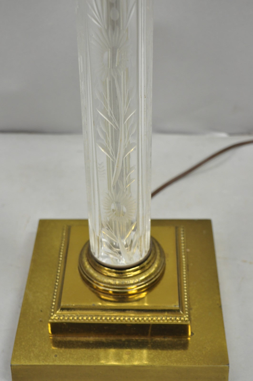 Vintage Neoclassical Style Floral Etched Glass Column Brass Reading Floor Lamp