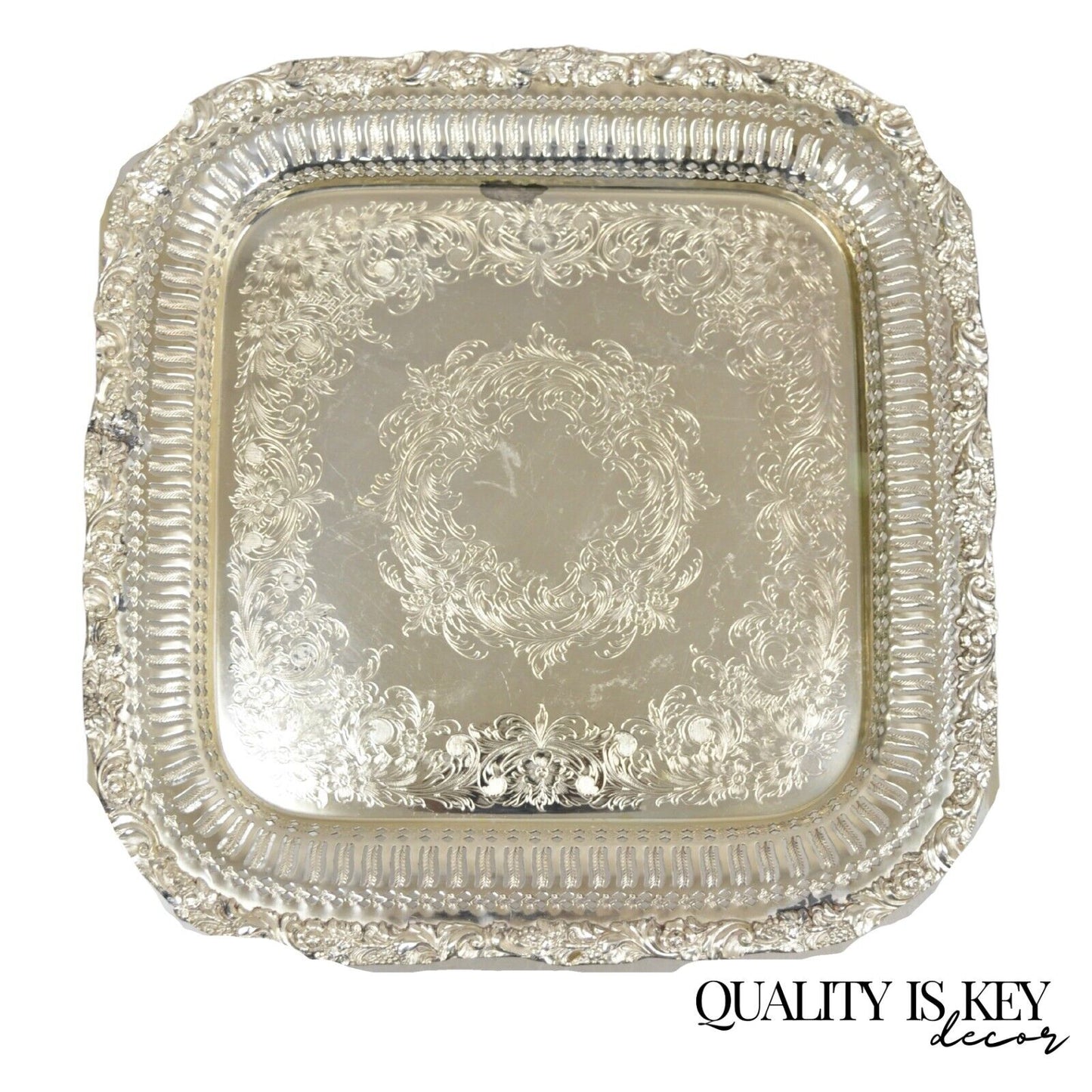 Vintage English Victorian Silver Plated Reticulated Square Serving Platter Tray