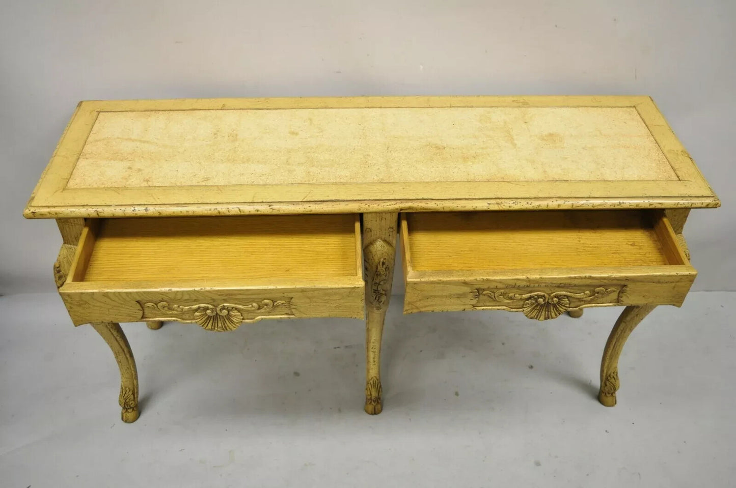 Baker Italian Regency Provincial Oak 2 Drawer Hoof Foot Console Hall Sofa Table