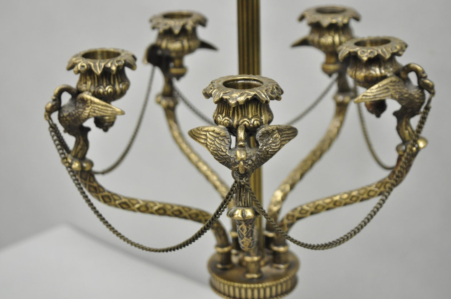 Vintage French Regency Style Brass Swans Candelabra Table Lamps - a Pair