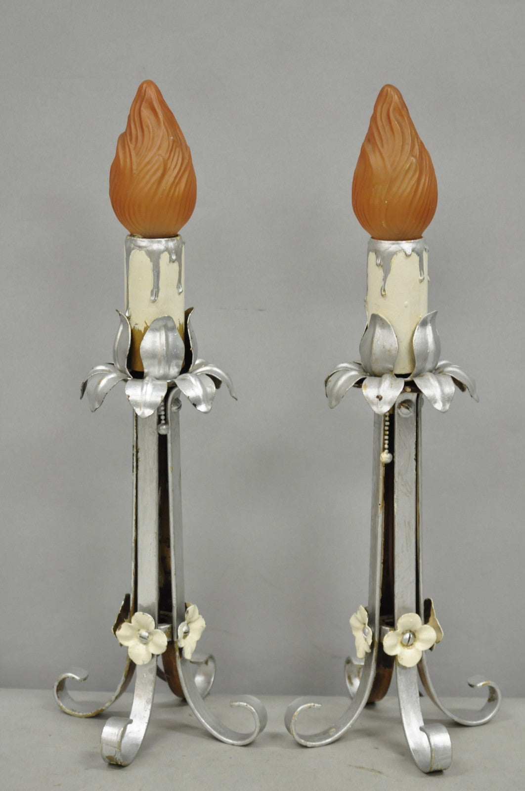 Antique Art Nouveau Wrought Iron Silver Painted Petite Boudoir Table Lamps, Pair