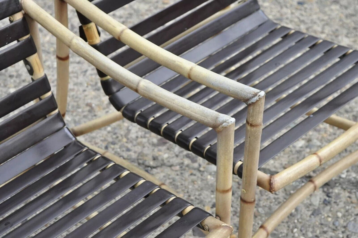 Faux Bamboo Chinese Chippendale Aluminum Vinyl Strap Pool Arm Chairs - a Pair